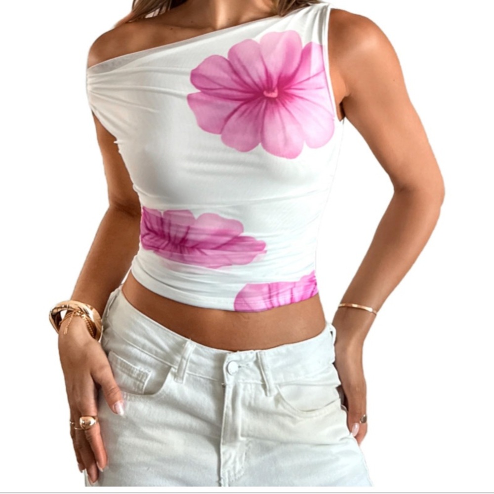 Pink Floral Asymmetrical Sleeveless Crop Top